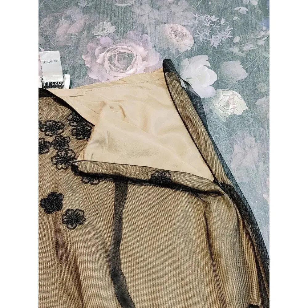 Allison Taylor High Waist Midi Tulle Skirt Embroidered Brown Black Womens Size 6